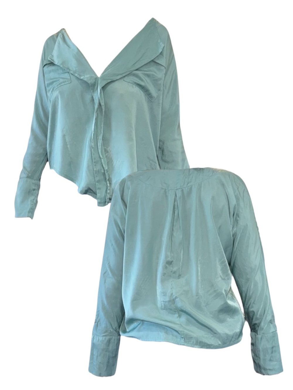 Light Teal Satin V-Neck Blouse
